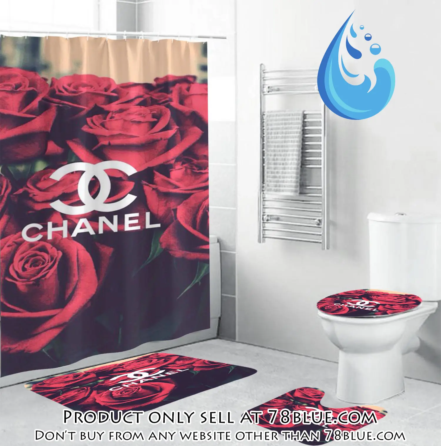 Coco chanel logo in red roses background bathroom set shower curtain 78b5443836